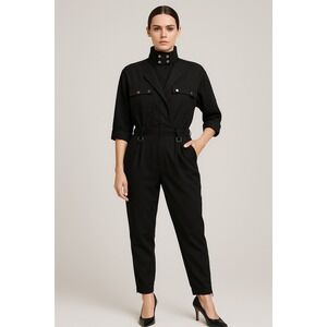 Bebe Jumpsuit Womens Small Black Utility Flight Suit‎ Satin Industrial Chic